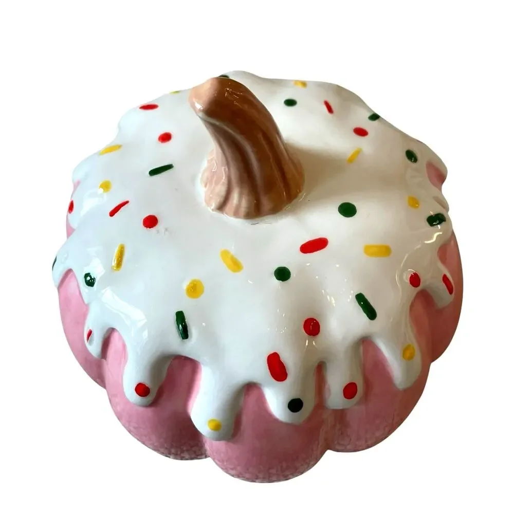 New Frosted Sprinkle PINK Cupcake Ceramic Halloween Pumpkin TikTok 7 Inches